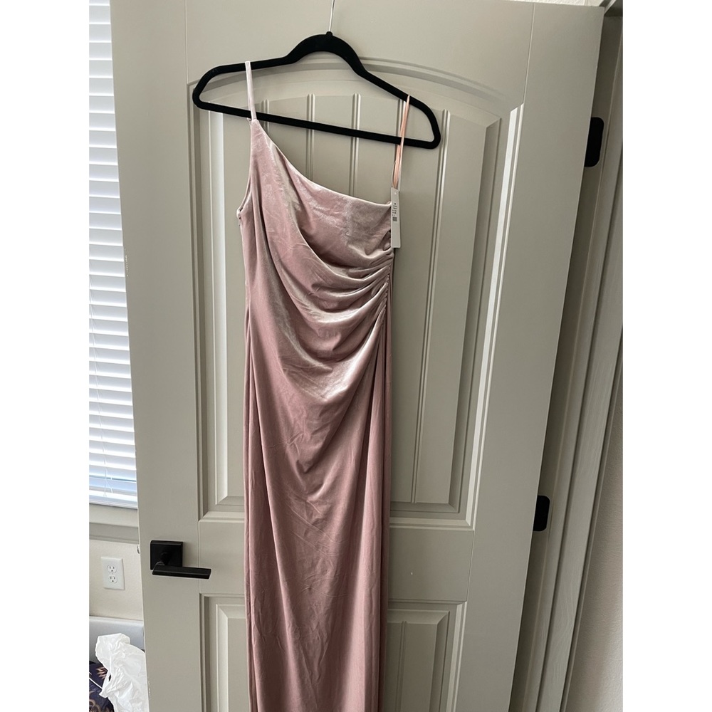 champagne colored velvet maxi with slit